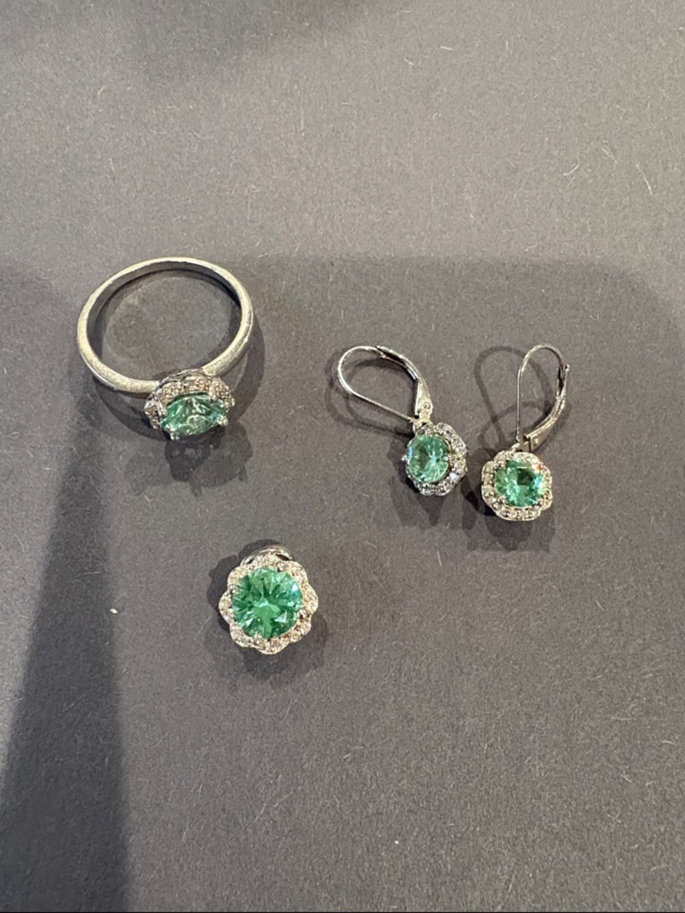 Emerald Green Halo Stud, Ring & Leverback Earring Set - Women Jewelry